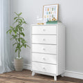 White five-drawer modern chest of drawers in nursery with ABC wall art, wooden toy horse, stacked books and a potted plant on hardwood floor