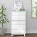 Modern white five-drawer dresser in minimalist nursery with colorful alphabet wall art, wooden toy horse, stacked books, potted plant and hardwood floor