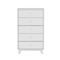Tall white five-drawer dresser chest with tapered legs — modern minimalist wooden bedroom storage for clothes and linens