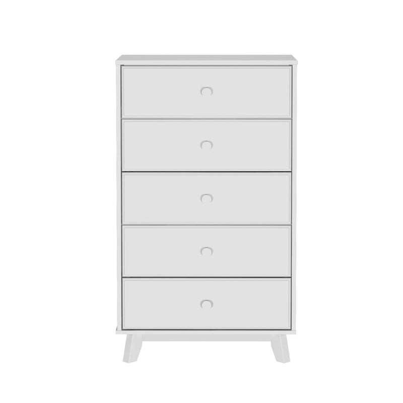 Tall white five-drawer dresser chest with tapered legs — modern minimalist wooden bedroom storage for clothes and linens