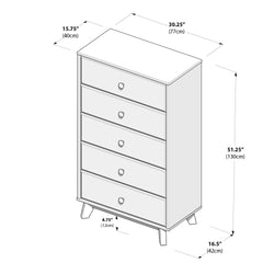 Five-drawer mid-century modern tall chest dresser with tapered legs, product diagram showing dimensions 51.25 in H x 30.25 in W x 15.75 in D (130 x 77 x 40 cm)