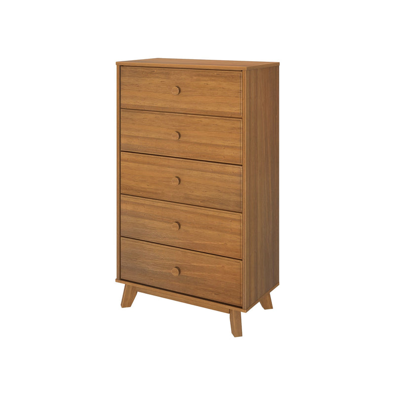 Mid-century modern 5-drawer oak bedroom dresser with tapered legs, tall wooden chest of drawers for bedroom storage