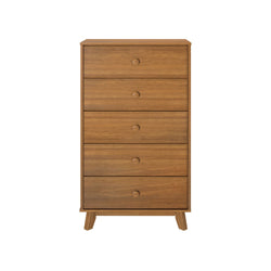 Mid-century modern 5-drawer wooden dresser in warm oak finish — tall narrow chest of drawers for bedroom storage with round wooden knobs and tapered legs.