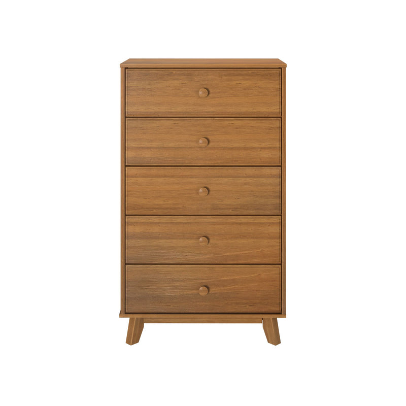 Mid-century modern 5-drawer wooden dresser in warm oak finish — tall narrow chest of drawers for bedroom storage with round wooden knobs and tapered legs.