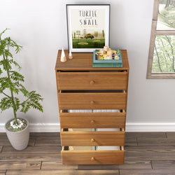 Natural wood five-drawer dresser with partially open drawers in a minimalist bedroom, topped with books and framed "Turtle and Snail" art, potted plant, hardwood floor and window light — modern wooden bedroom storage and decor