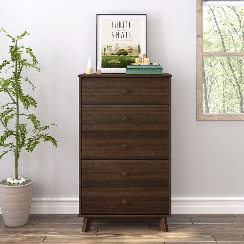 Mid-century modern dark walnut 5-drawer tall chest of drawers (wooden dresser) styled with a potted plant, framed "Turtle and Snail" print, stacked books and window view — bedroom storage furniture