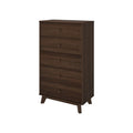Mid-century modern five-drawer tall dresser in dark walnut finish with round wooden knobs and tapered angled legs for bedroom storage