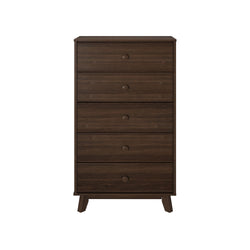 Tall dark wood dresser with five drawers for bedroom storage.