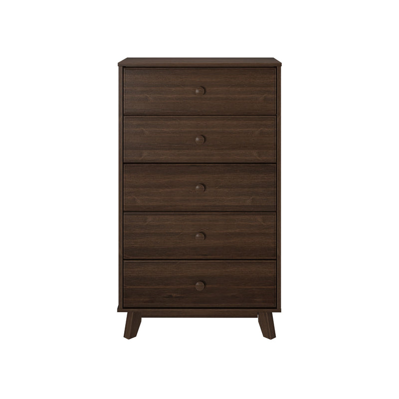 Tall dark wood dresser with five drawers for bedroom storage.