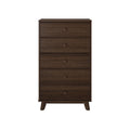 Tall five-drawer dresser in dark brown wood with round knobs and angled mid-century modern legs, wooden bedroom storage chest