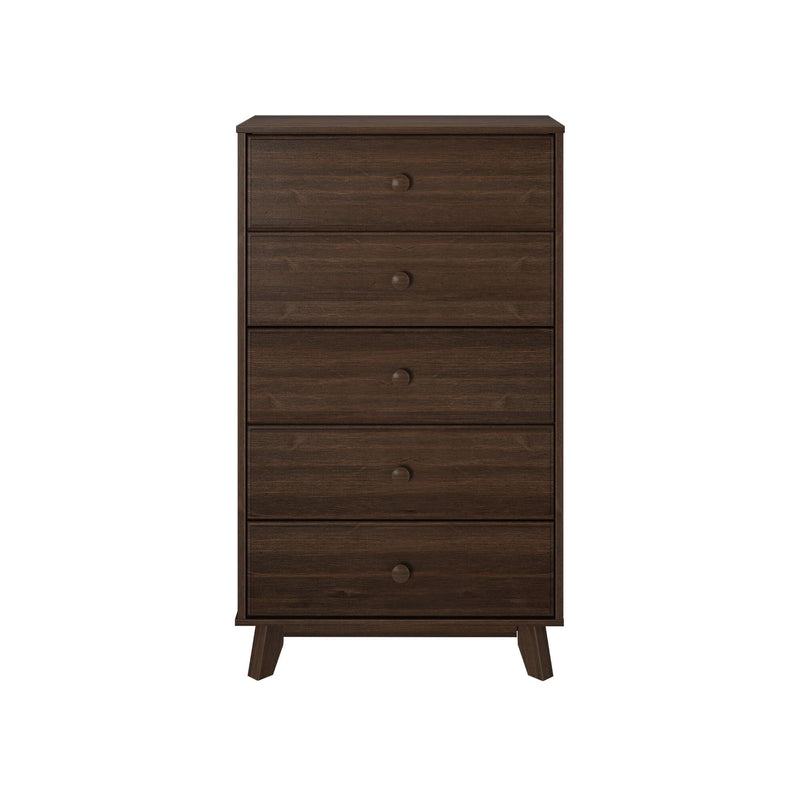 Tall five-drawer dresser in dark brown wood with round knobs and angled mid-century modern legs, wooden bedroom storage chest