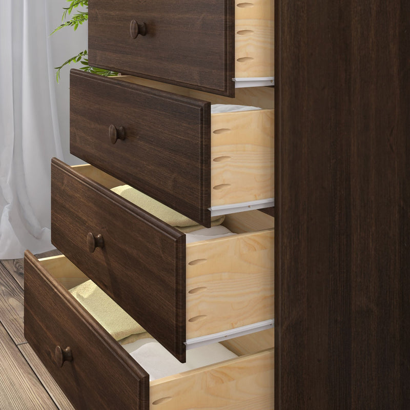 Dark wood dresser with multiple open drawers revealing light-wood interiors and neatly folded towels for bedroom storage