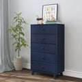 Modern navy blue five-drawer chest of drawers in nursery or bedroom with wooden toy, framed alphabet print, potted plant and hardwood floor