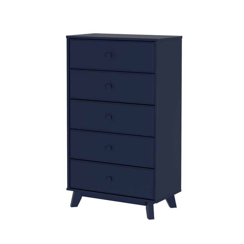Navy blue five-drawer dresser with modern design and sleek finishes.