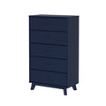 Navy blue mid-century modern tall five-drawer dresser with angled legs for bedroom storage