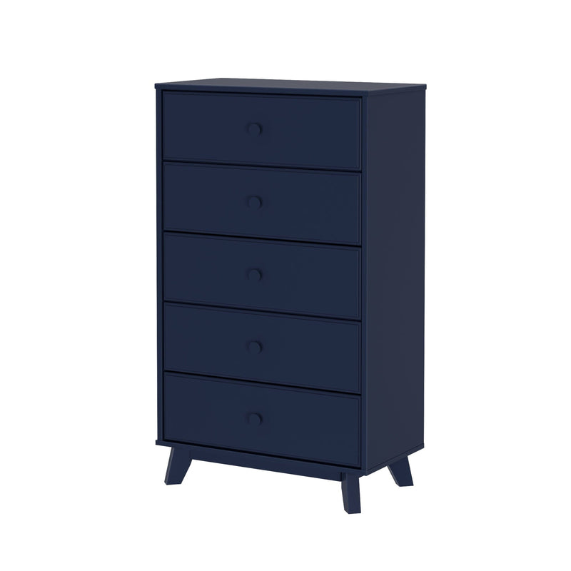 Navy blue mid-century modern tall five-drawer dresser with angled legs for bedroom storage