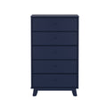 Navy blue five-drawer tall dresser with tapered mid-century style legs minimalist modern bedroom chest of drawers for storage