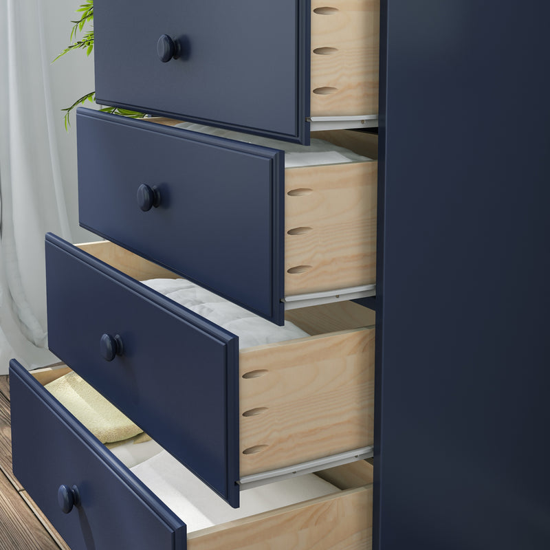 Blue wooden dresser with open drawers showcasing neat storage solutions.