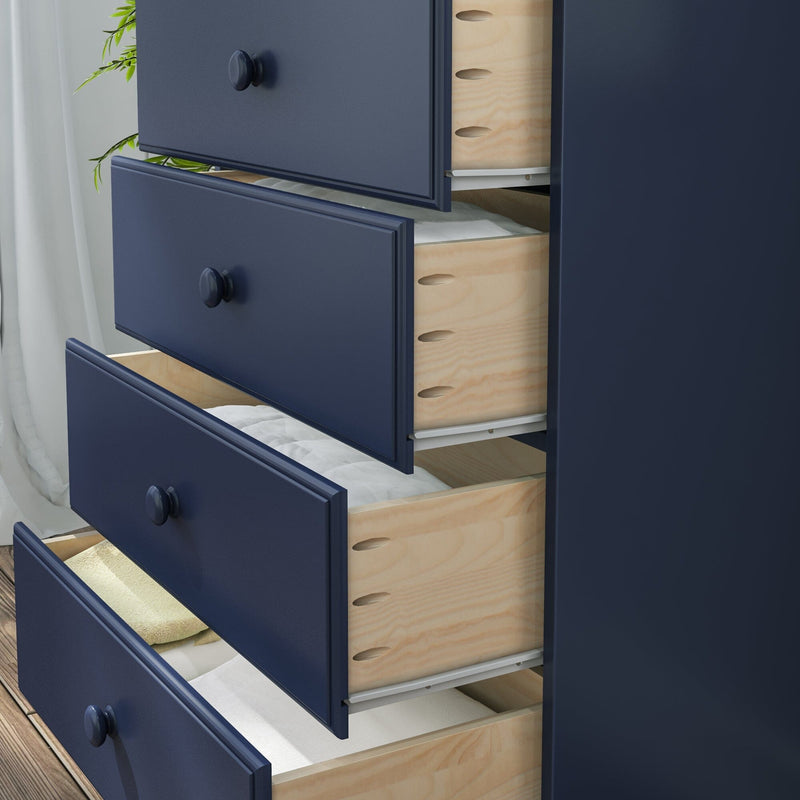 Modern navy blue chest of drawers with partially open dovetail wooden drawers showing folded linens for bedroom storage