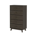 Tall 5-drawer chest of drawers in dark gray wood finish with mid-century modern angled legs, bedroom dresser for clothes storage and organization.