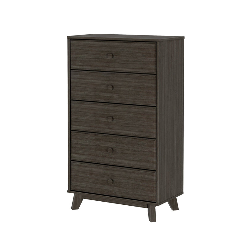 Tall 5-drawer chest of drawers in dark gray wood finish with mid-century modern angled legs, bedroom dresser for clothes storage and organization.