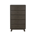 Mid-century modern tall six-drawer dark gray wood dresser with recessed round pulls and angled legs, bedroom storage