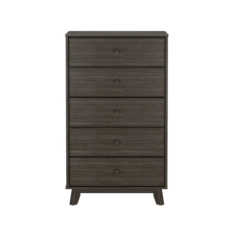 Mid-century modern tall six-drawer dark gray wood dresser with recessed round pulls and angled legs, bedroom storage