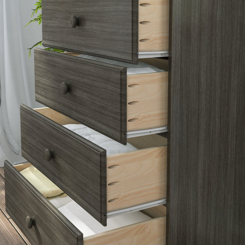 Dark gray wood dresser with open drawers and natural pine interiors holding folded linens, modern bedroom storage chest of drawers