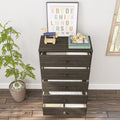 Dark wood tall nursery dresser with five open drawers, kids room storage topped with wooden toy horse, alphabet print, books and blocks, beside potted plant on hardwood floor