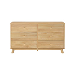Wooden six-drawer dresser with natural finish and minimalist design.