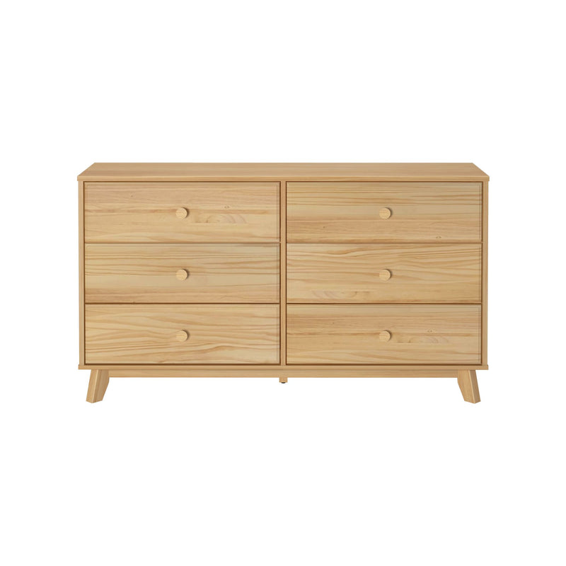 Wooden six-drawer dresser with natural finish and minimalist design.