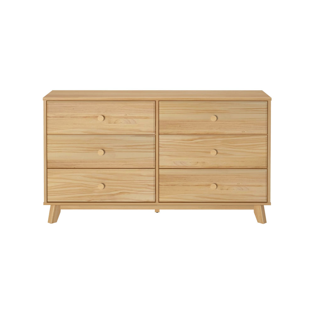 Modern six-drawer wooden dresser with natural finish and minimalist design.