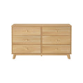 Light pine 6-drawer dresser with natural wood grain and tapered legs, mid-century modern Scandinavian bedroom storage chest