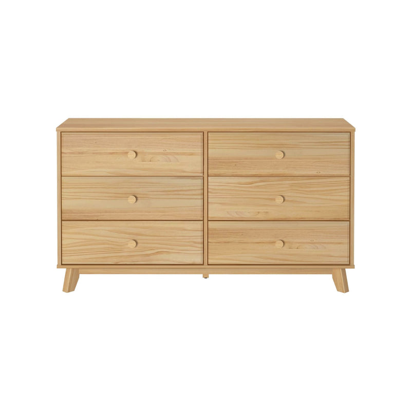 Natural pine six-drawer mid-century modern dresser with round knobs and angled legs, bedroom storage
