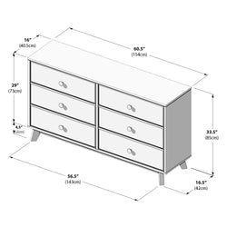 Mid-century modern six-drawer dresser line drawing with labeled dimensions: 60.5 in (154 cm) W × 33.5 in (85 cm) H × 16 in (40.5 cm) D, tapered legs and six equal drawers