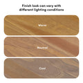 Wood finish samples showing warm, neutral, and cool tones with wood grain color variations under different lighting conditions