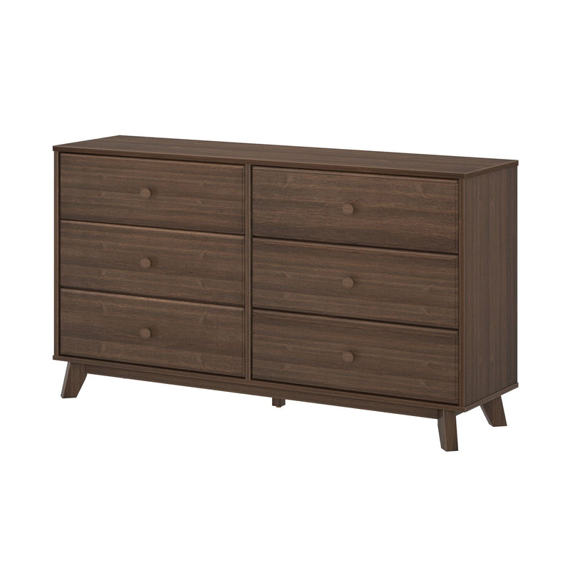 Dark wood six-drawer dresser with mid-century modern design.