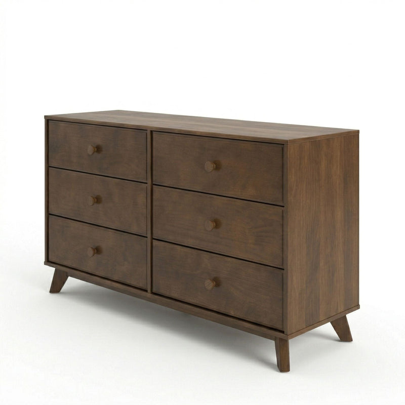 Mid-century modern six-drawer walnut dresser with round wooden knobs and tapered legs, solid wood bedroom storage