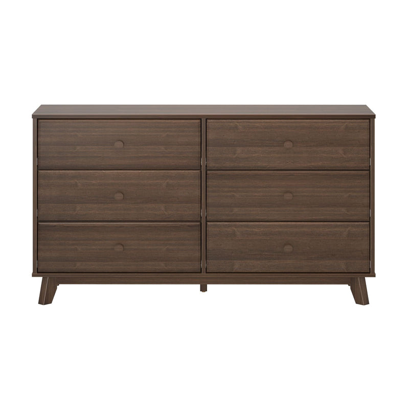Mid-century modern brown wood dresser with six drawers, ideal for bedroom storage and minimalist decor.