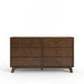 Mid-century modern walnut 6-drawer wooden dresser with round knobs and tapered legs, brown bedroom storage chest