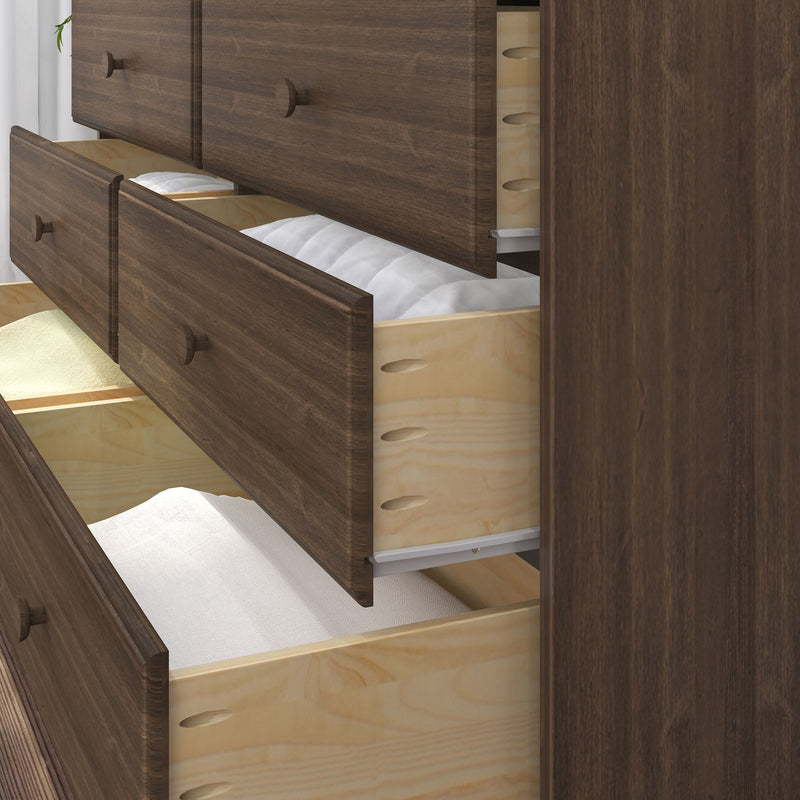 Wooden dresser with open drawers revealing white and beige linens, perfect for bedroom furniture storage solutions.