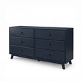 Mid-century modern navy blue wooden 6-drawer dresser with round knobs and tapered legs, bedroom storage chest