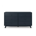 Navy blue six-drawer mid-century modern wooden dresser with round knobs and angled legs for bedroom storage