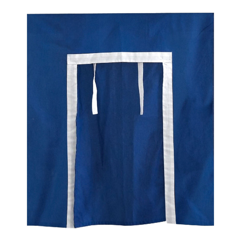 Blue fabric with white trim and tie, ideal for curtains or decorative purposes.
