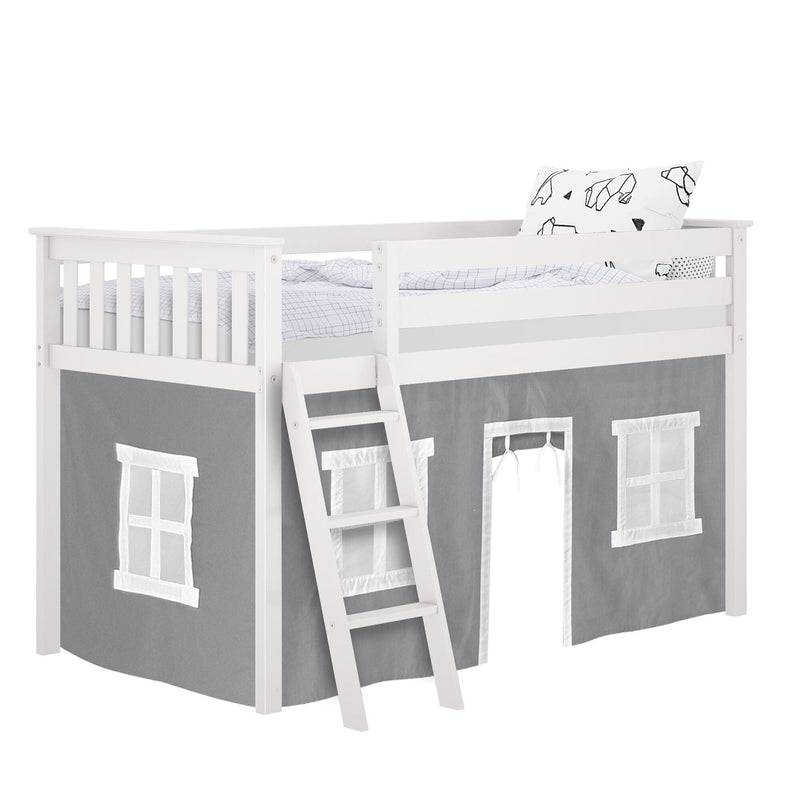White wooden loft bed with gray playhouse curtain and ladder for kids' room.