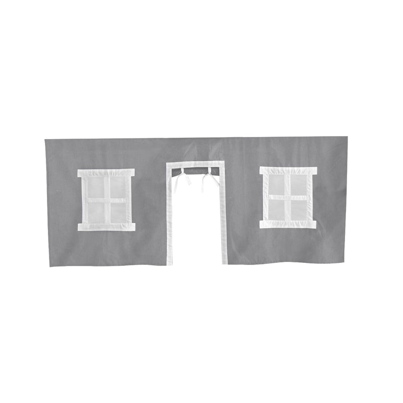 Gray playhouse cover with white window design and doorway opening.