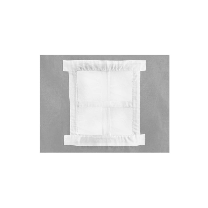 White adjustable waist tab for pants on a grey background.