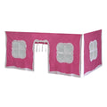 Pink and white play tent for kids with window designs and door opening.