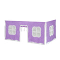 Purple playhouse tent with white windows and door flaps for children.