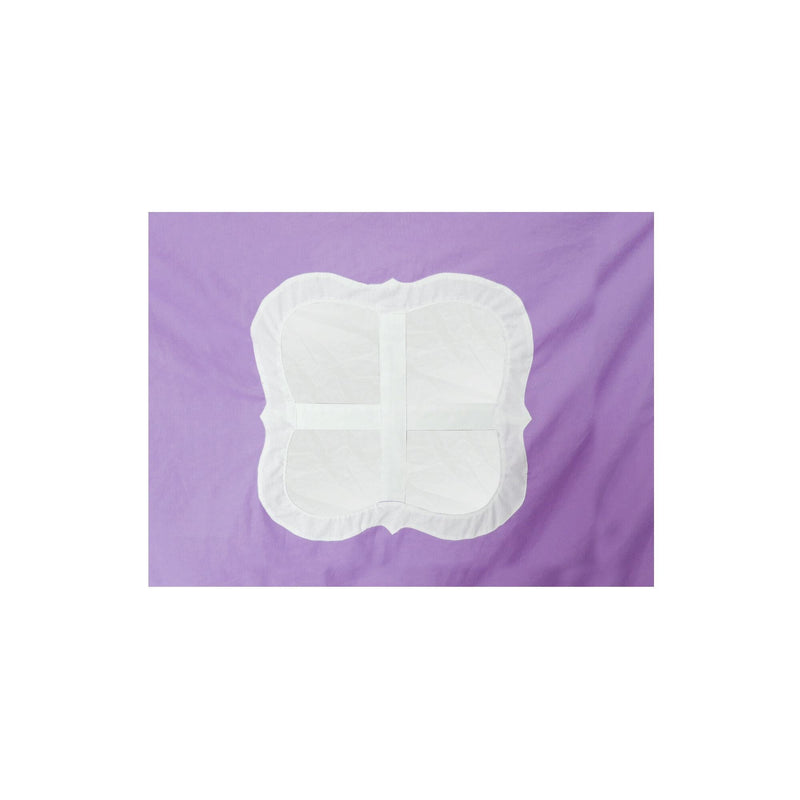 Folded white pillowcase with unique design and cross pattern on purple background.